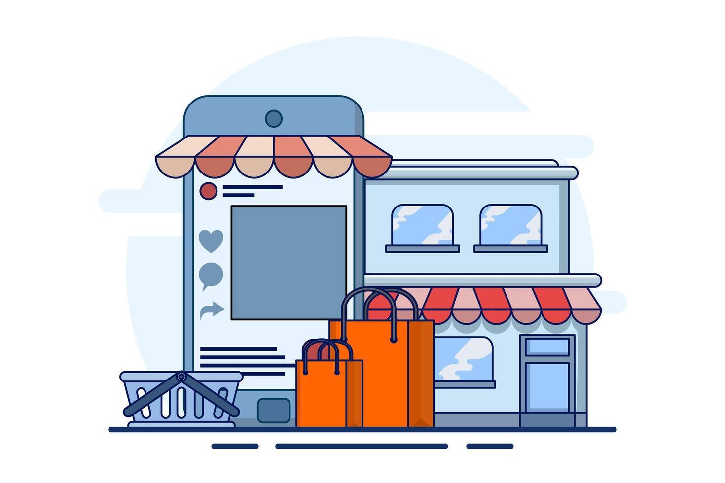 The concept of online shopping vs offline stores compares the convenience and variety of e-commerce with the in-person physical retail experience. Traditional shop mall building and e-commerce mobile vector