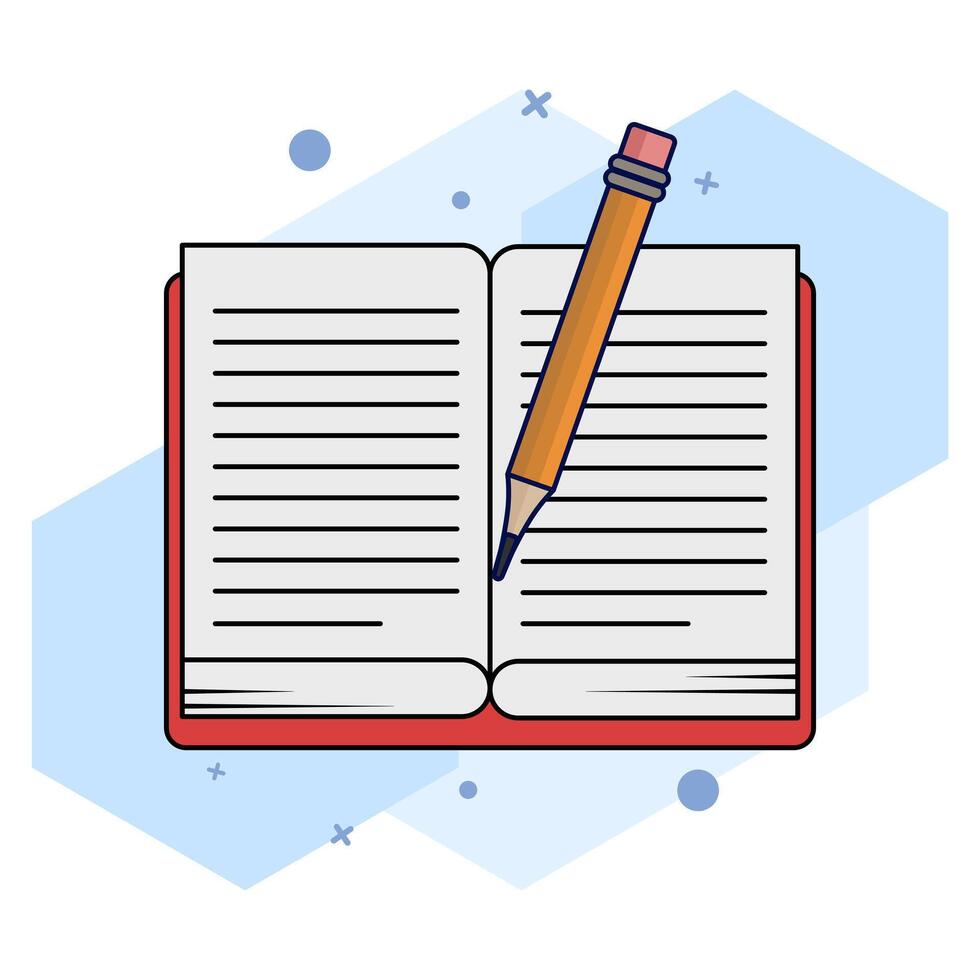 School Object Concept. Open Book and Pencil. Open book icon. top view of notebook, hard cover diary paper, pencil. Educational objects, magazine articles, dictionary pages. illustration. vector