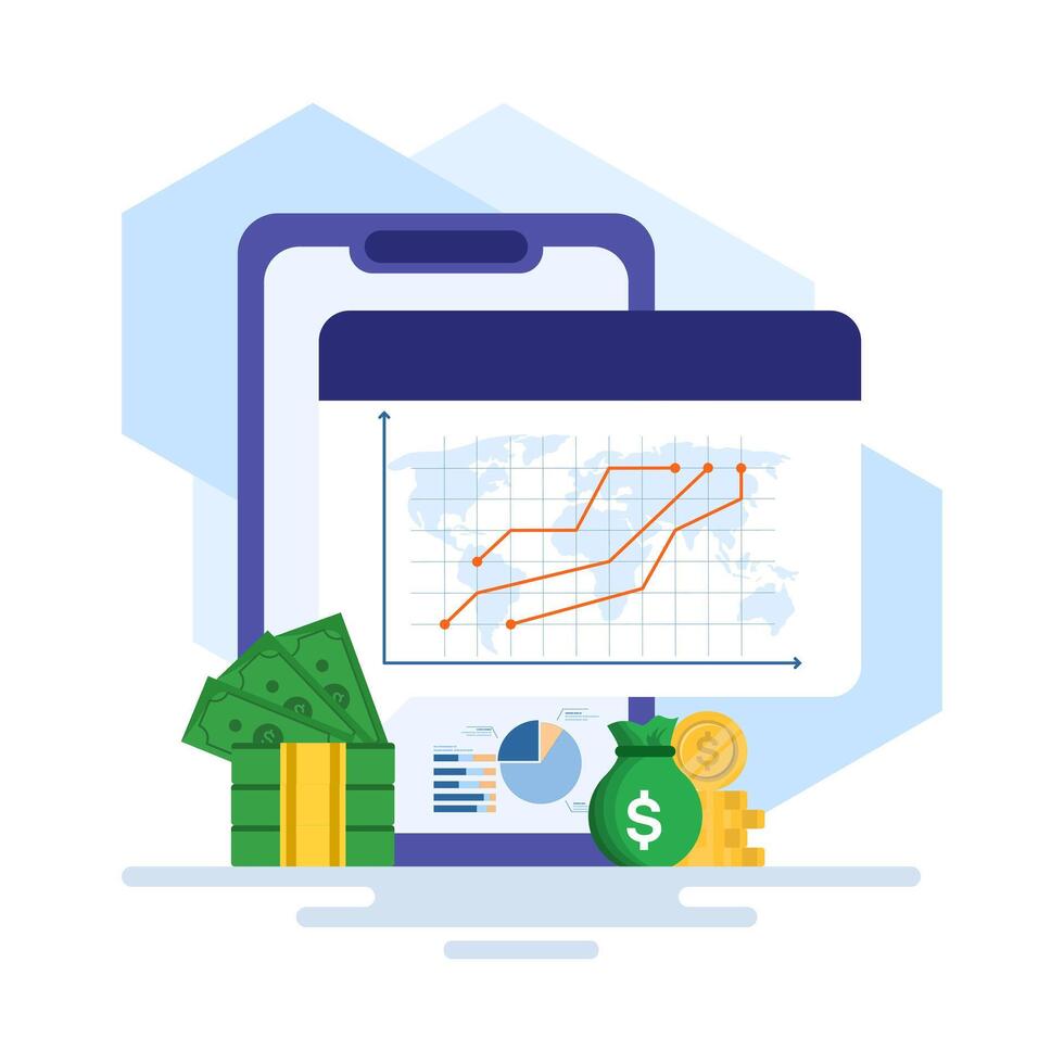 Online Financial Growth Concept, Computer Device with Business Charts on Isolated Background, Growth Stock Diagram, Growth or Success. Financial Items, Business Investments, Financial Market Trading. vector