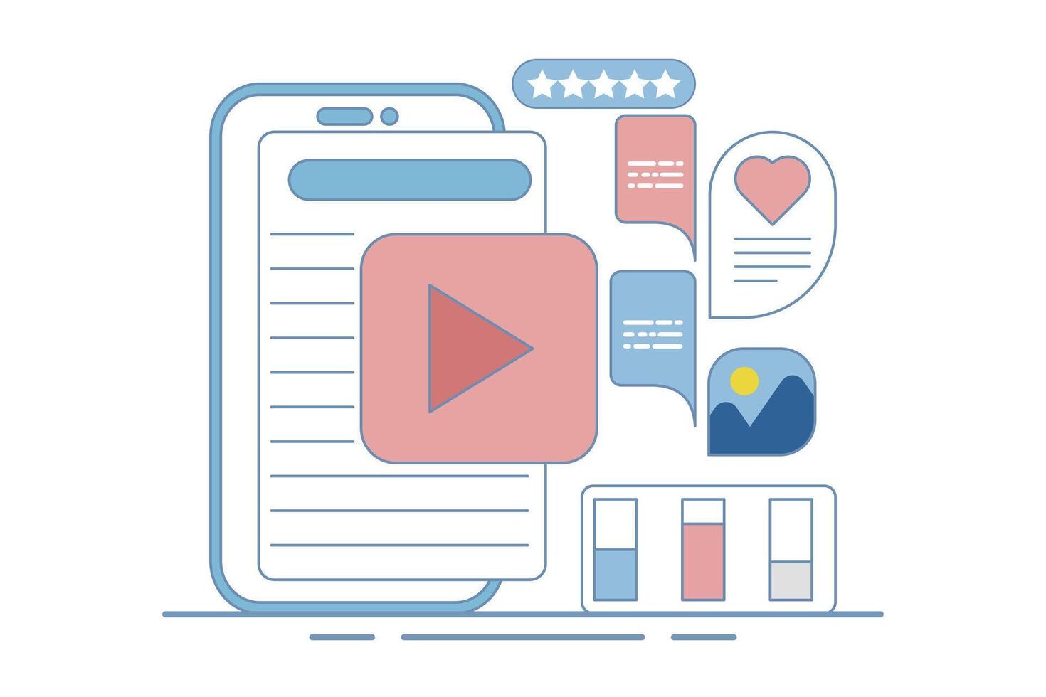 content concept for content marketing on social media. Content that attracts likes, shares, audience engagement, Content with audience reaction, illustration with icons on the background. vector
