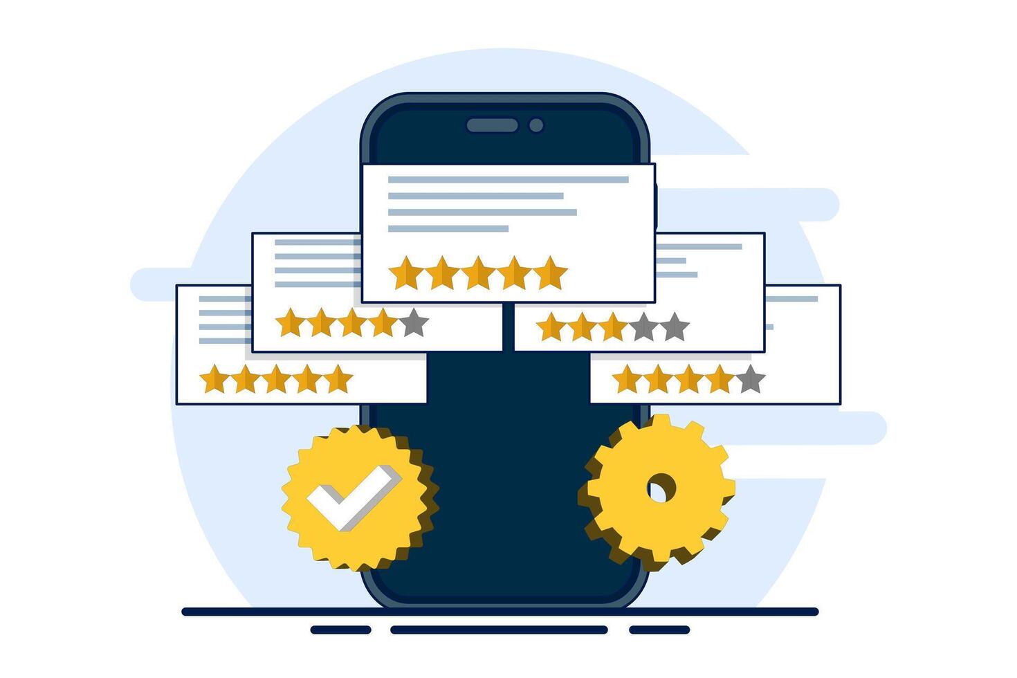 The concept of monitoring review management, analyzing customer reviews, and responding to improve reputation and customer satisfaction. Reputation management with online feedback review responses. vector