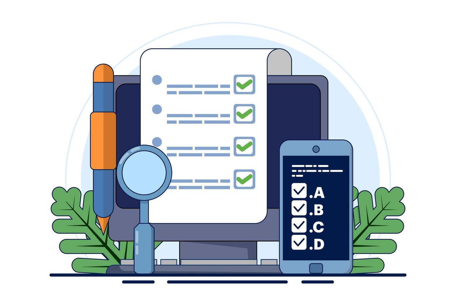 Online exam platform concept with big computer and testing site. Online Education. education concept. choose answers for exam tests and achieve good results. flat illustration on background. vector