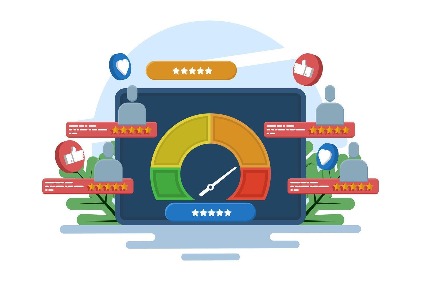 Concept of customer satisfaction indicators for products, services, consumer opinions, reviews, feedback, user experience. online survey. Testimonials, high ratings. Good quality products or services. vector