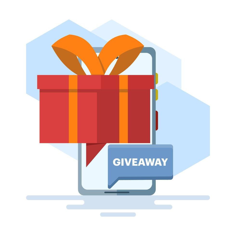 Gift concept. Giveaway poster design for social media post or website banner. Gift box on smart phone screen illustration. enter to win. Win a giveaway prize Gift box. illustration. vector