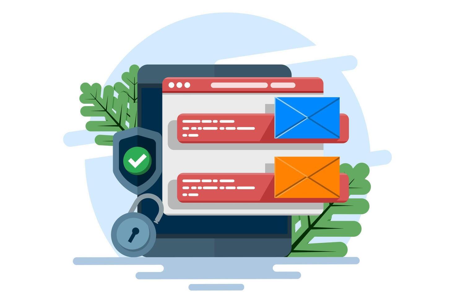 Email service security concept, Electronic mail messages as part of business marketing. Cyber security, digital data protection suite. protect online access to emails in electronic mailboxes. vector