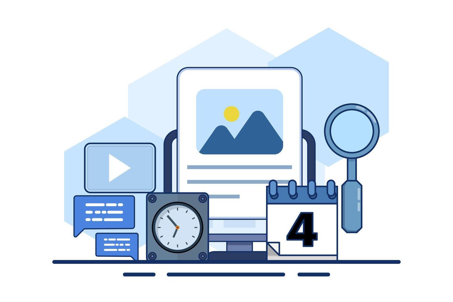 Content Calendar Concept or content planning, social media content, post scheduler, time management organization at work, conceptual landing page template with icons and text. flat illustration. vector