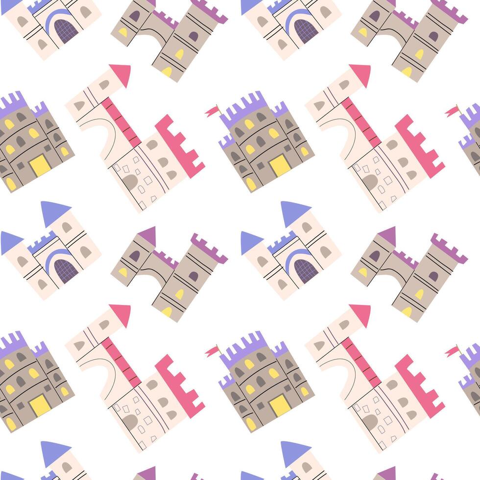 Childrens castle pattern. Cartoon fairy building background. vector