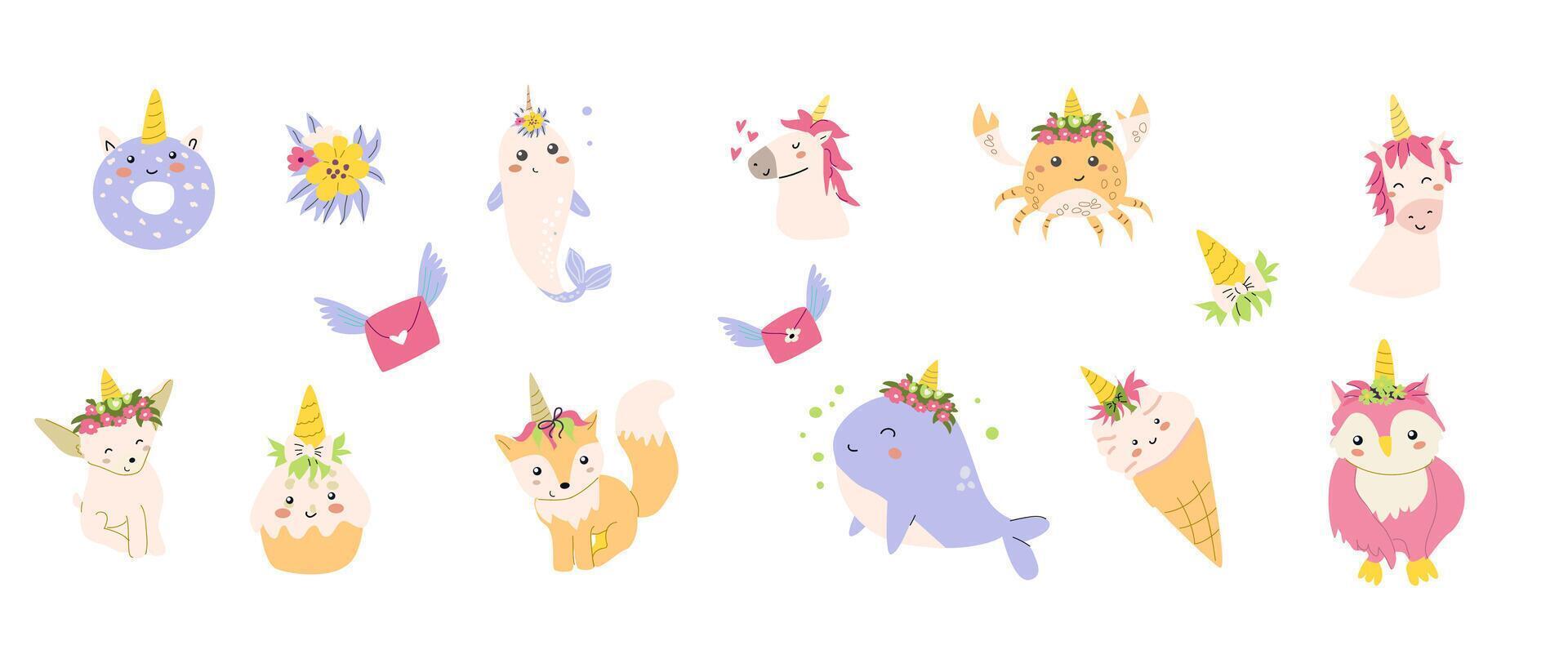 Childrens animals with unicorn horns bundle set. Collection of fairy cartoon characters vector