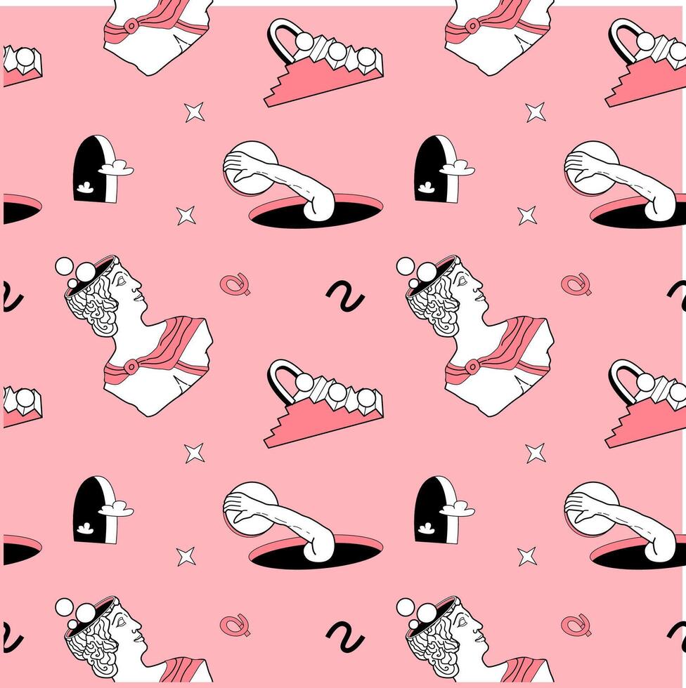Contemporary surrealism y2k pattern with antique sculptures and psychedelic elements. vector