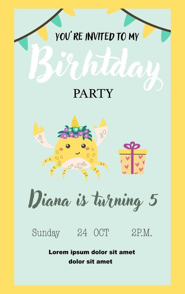 Childrens magic invitation card with fairy animal. vector