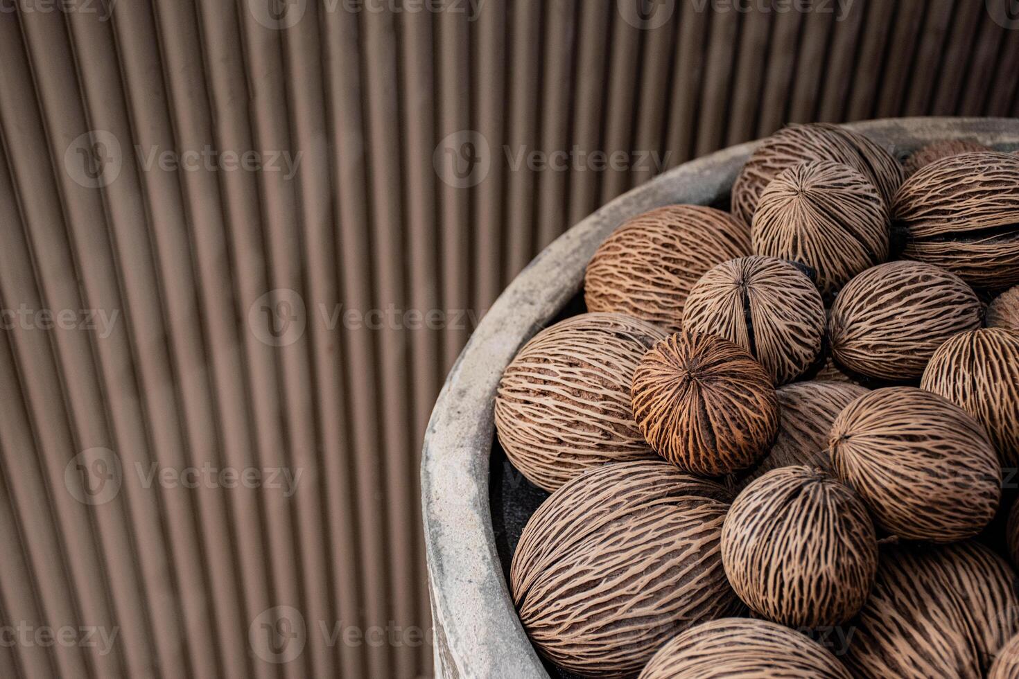 Top view of a Cerbera odollam seeds or pong pong seeds from suicide tree with a brown blank background. Close up of pong pong plant seeds showing beautiful patterns used for garden decoration. photo
