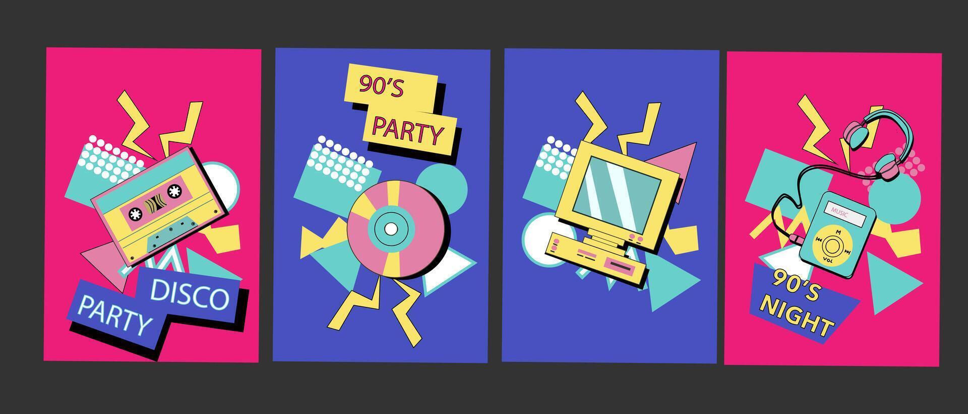 90s music backgrounds. Retro disco posters with y2k or 00s elements. vector