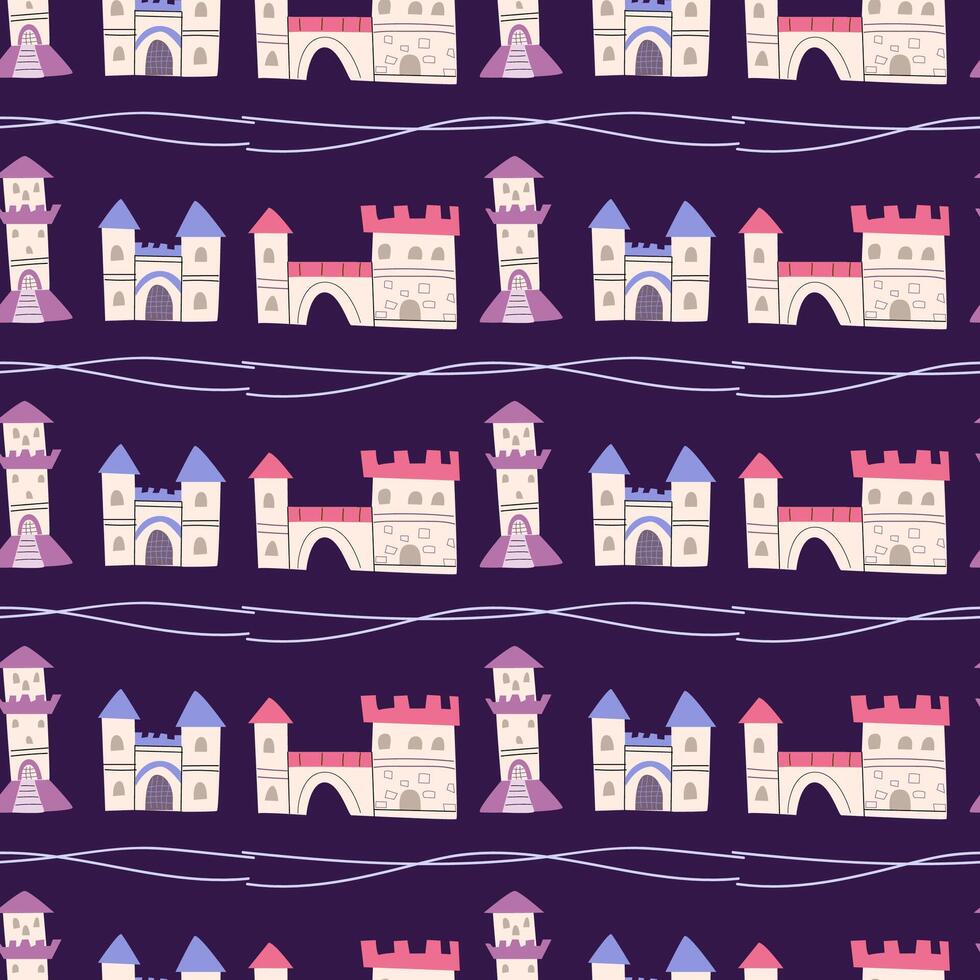 Childrens castle pattern. Cartoon fairy building background. vector