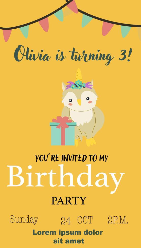 Childrens magic invitation card with fairy animal. vector