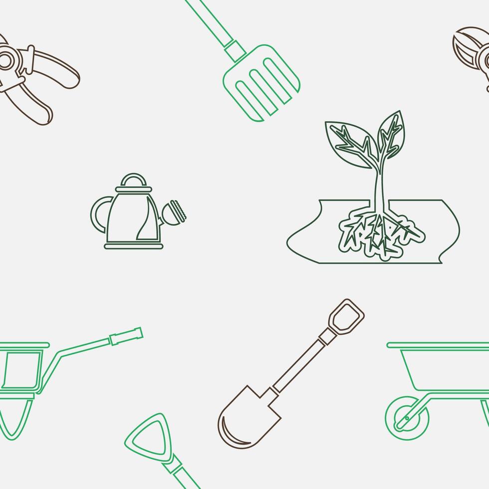 Editable Vectorized of Outline Style Gardening Equipment Illustration Icons in Various Color as Seamless Pattern for Creating Background of Gardening and Farming Related Purposes vector