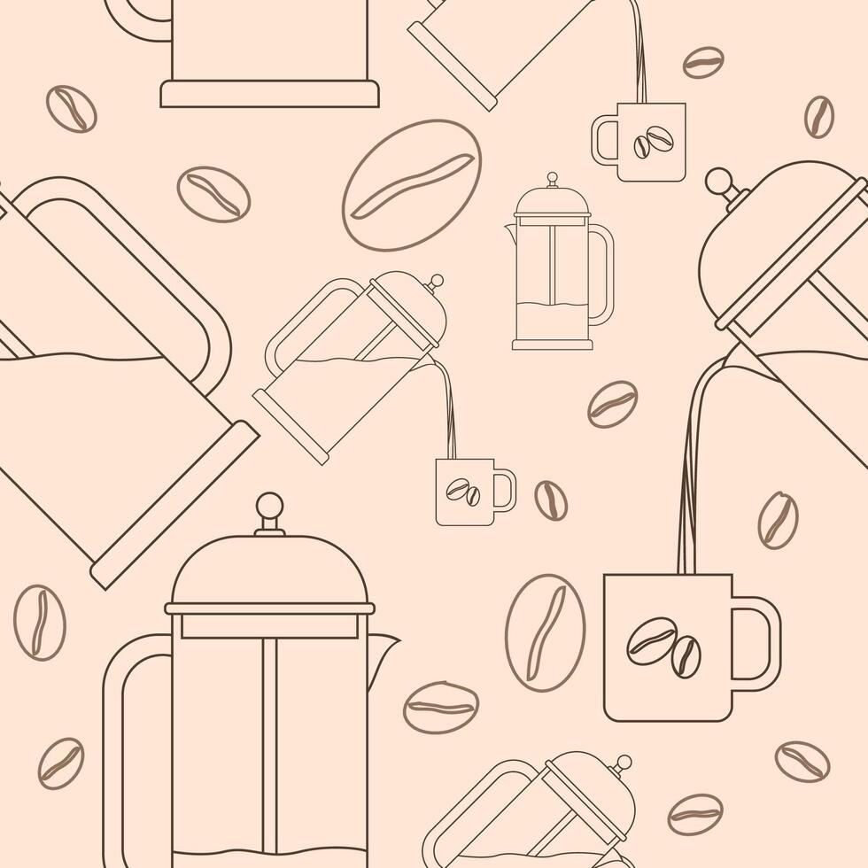 Editable French Press Manual Brewing Coffee Maker Vectorized Illustration in Outline Style with Coffee Beans as Seamless Pattern for Creating Background of Cafe Related Purposes vector