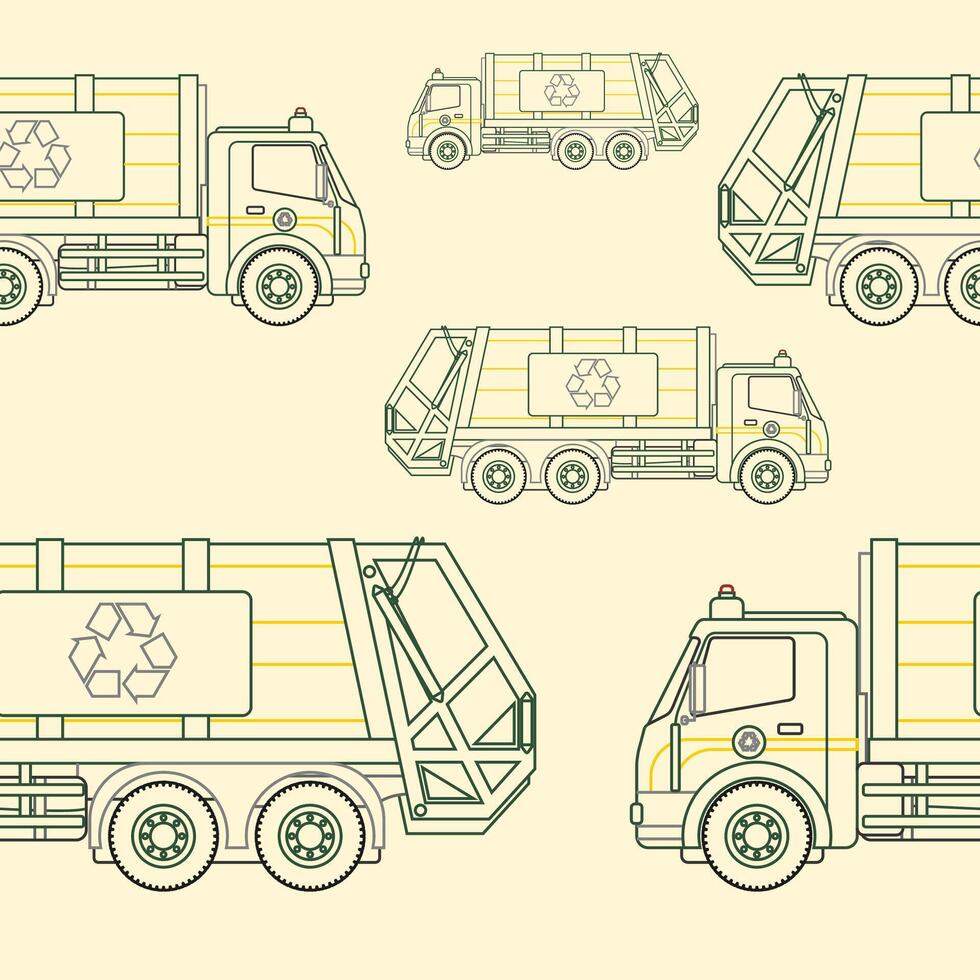Editable Outline Garbage Trucks Vectorized Illustration in Green and Yellow Color as Seamless Pattern for Creating Background of Green Life and Environment Cleanliness Related Purposes vector