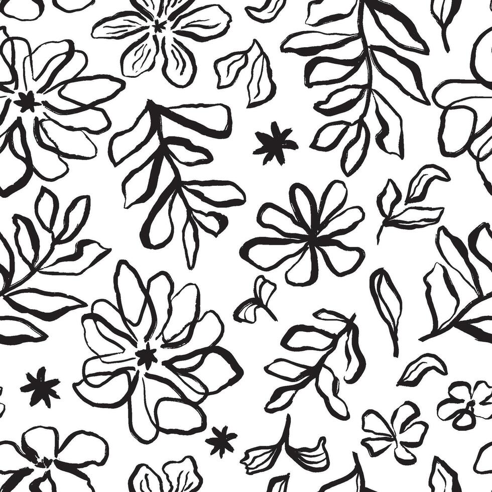 Black floral brushstroke seamless pattern. Abstract flower doodle repeat background. Sketch hand drawn spring floral plant, nature graphic leaves, scribble organic elements. Ink print vector