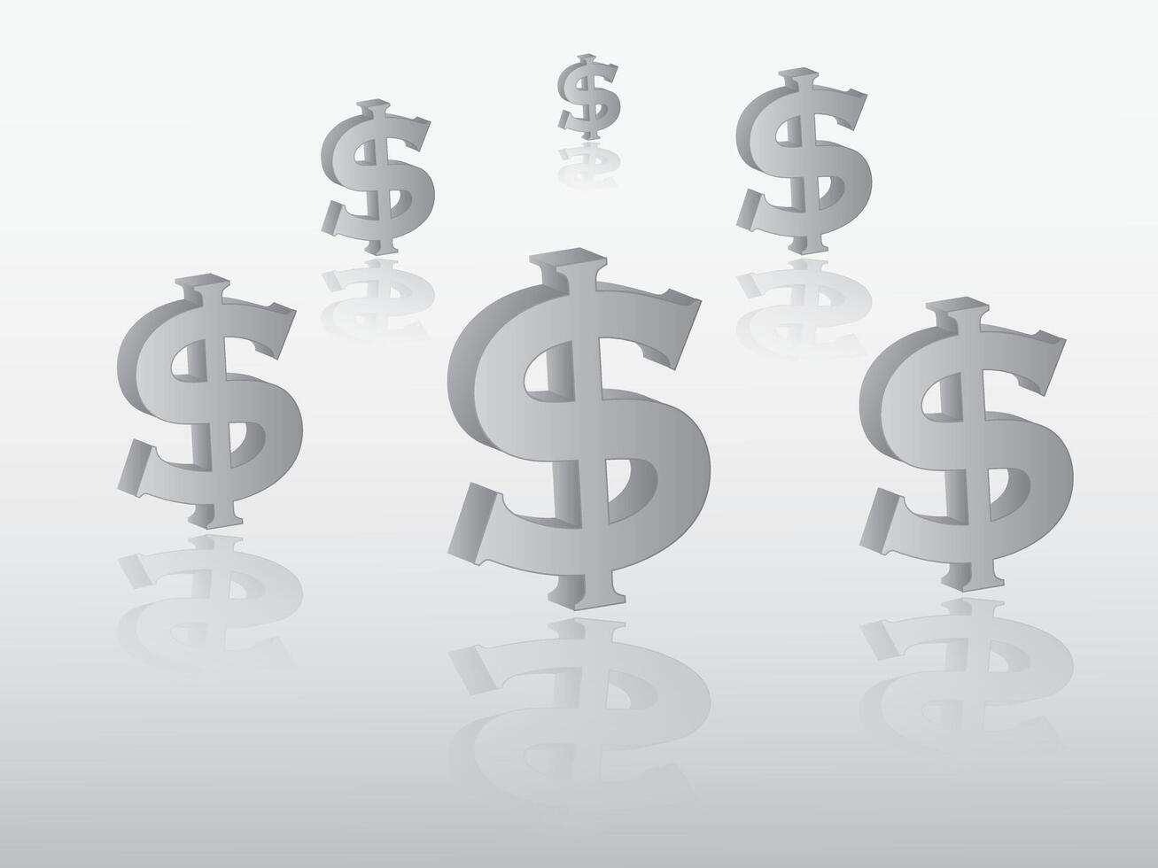 Group of black and white dollar signs to represent currency with reflection illustration on light background to express investment in the business market vector