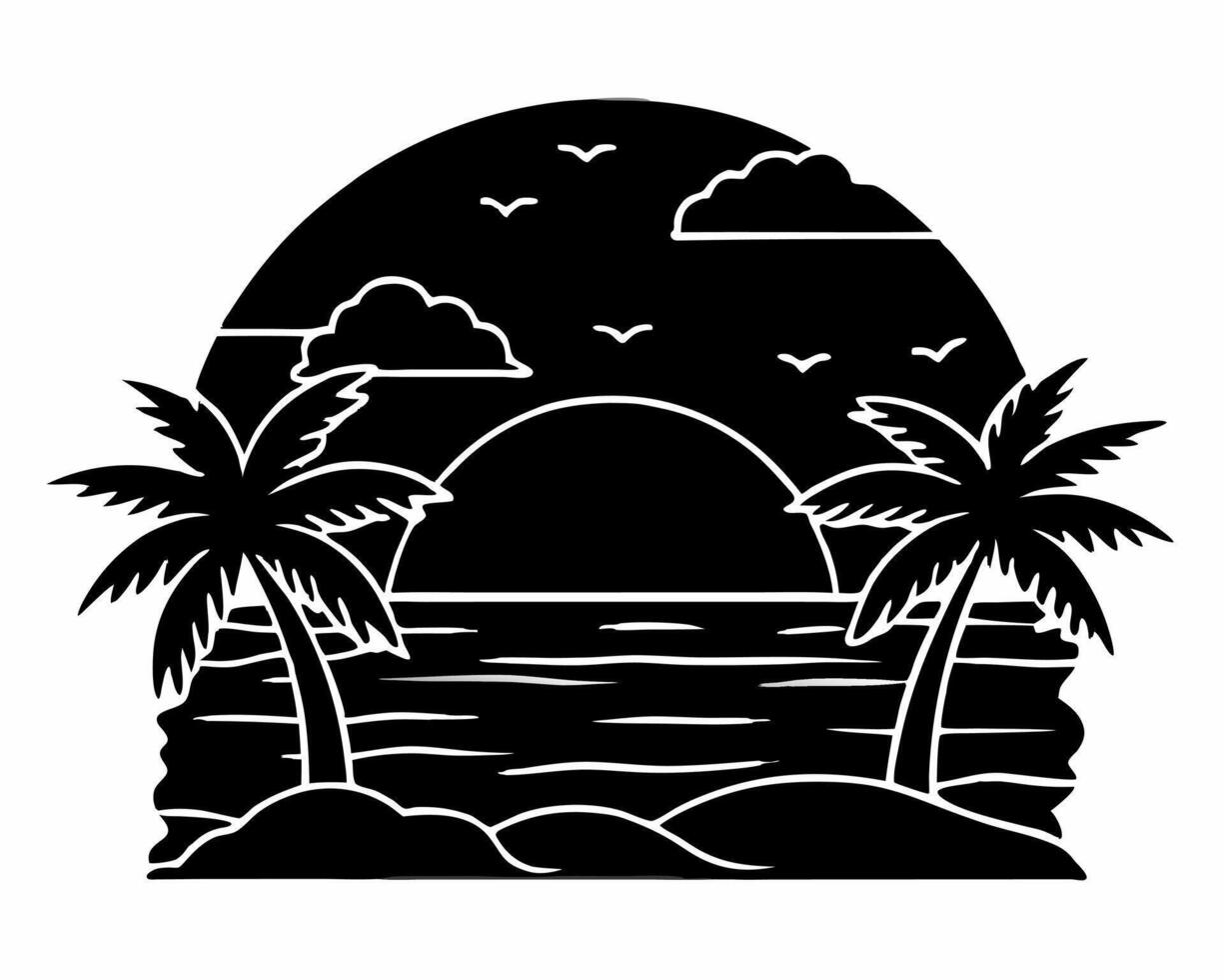 a black and white silhouette of palm trees and the ocean vector