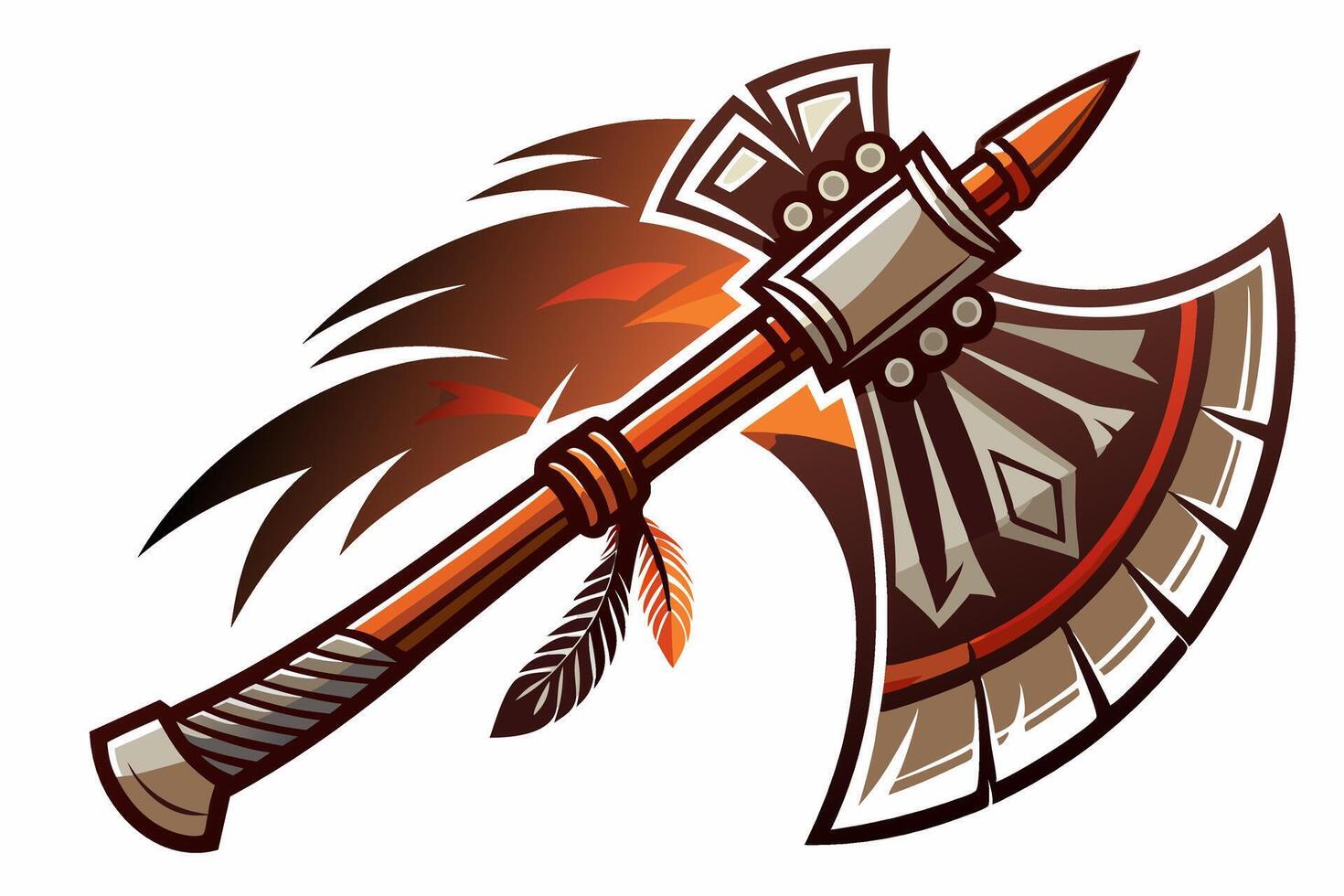 an axe with feathers on it, with a feather on the handle vector