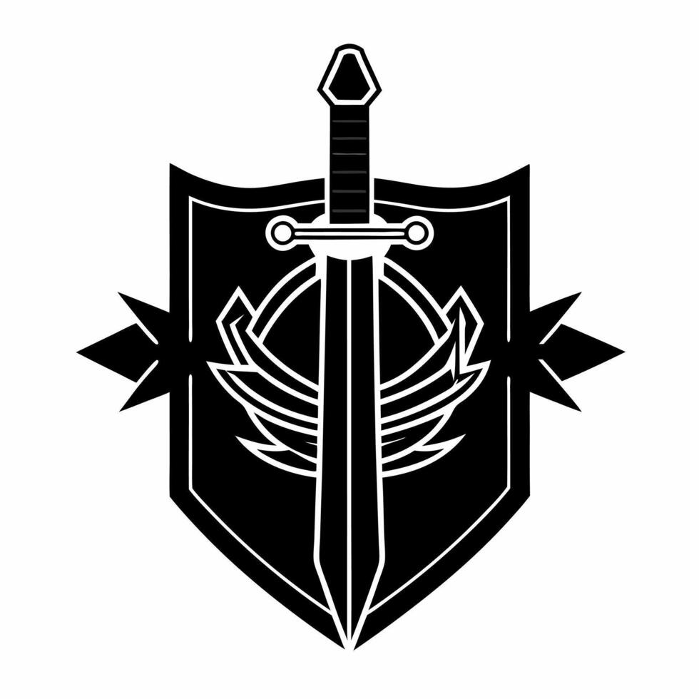 a black and white logo for a sword and shield vector