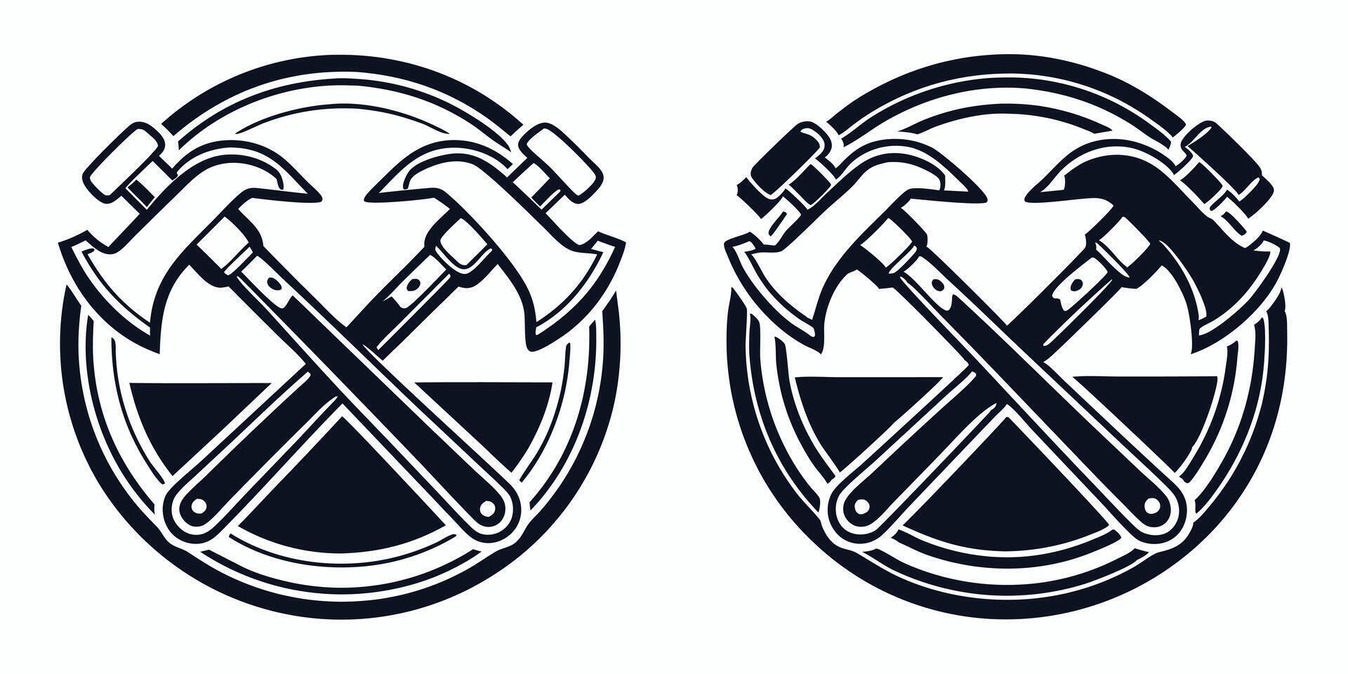 two black and white logos with hammers and axes vector