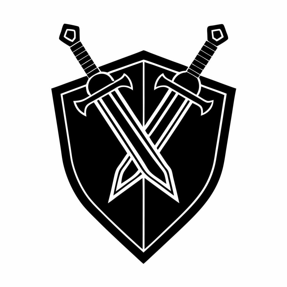 two swords in a shield logo vector