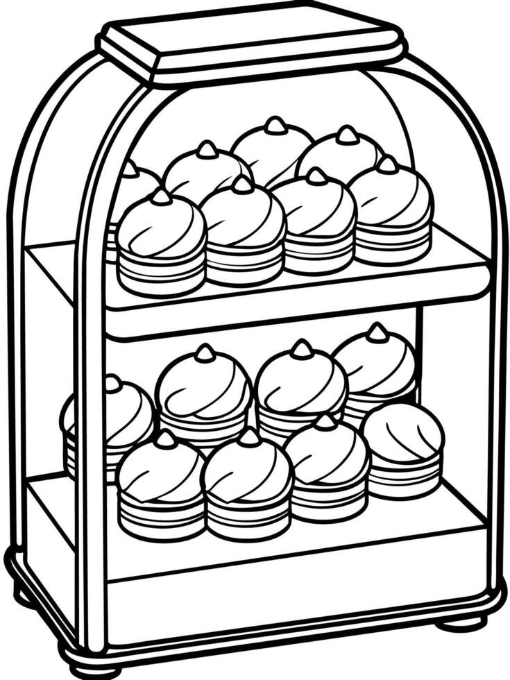 a bakery display with cakes and cookies coloring page vector
