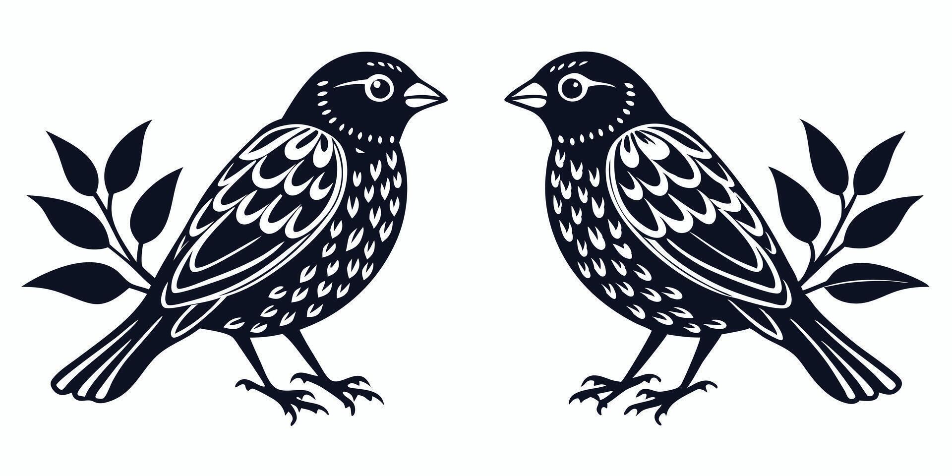 two birds are standing on a branch with leaves vector