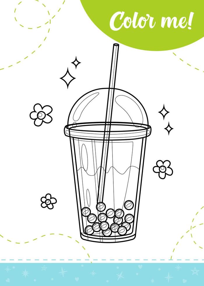 Coloring page for kids with a cup of bubble tea. vector