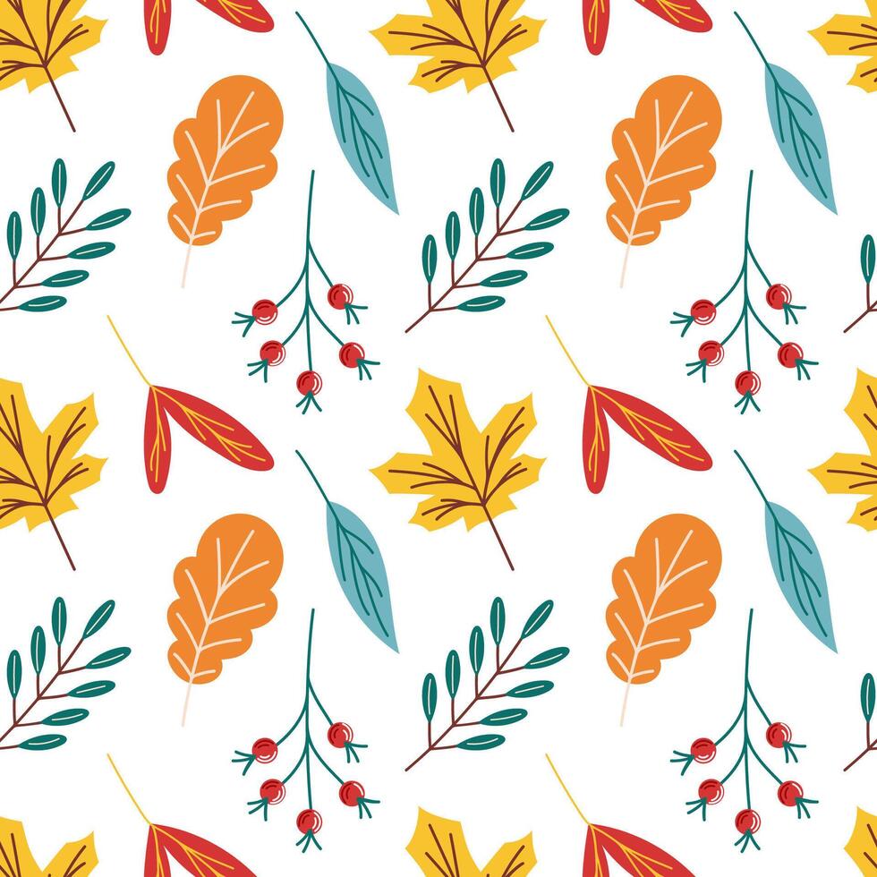 Autumn seamless pattern in flat style. Colorful leaves design. Background for textiles, fabrics, covers, wallpaper, print, wrapping, postcard. illustration on a white background. vector