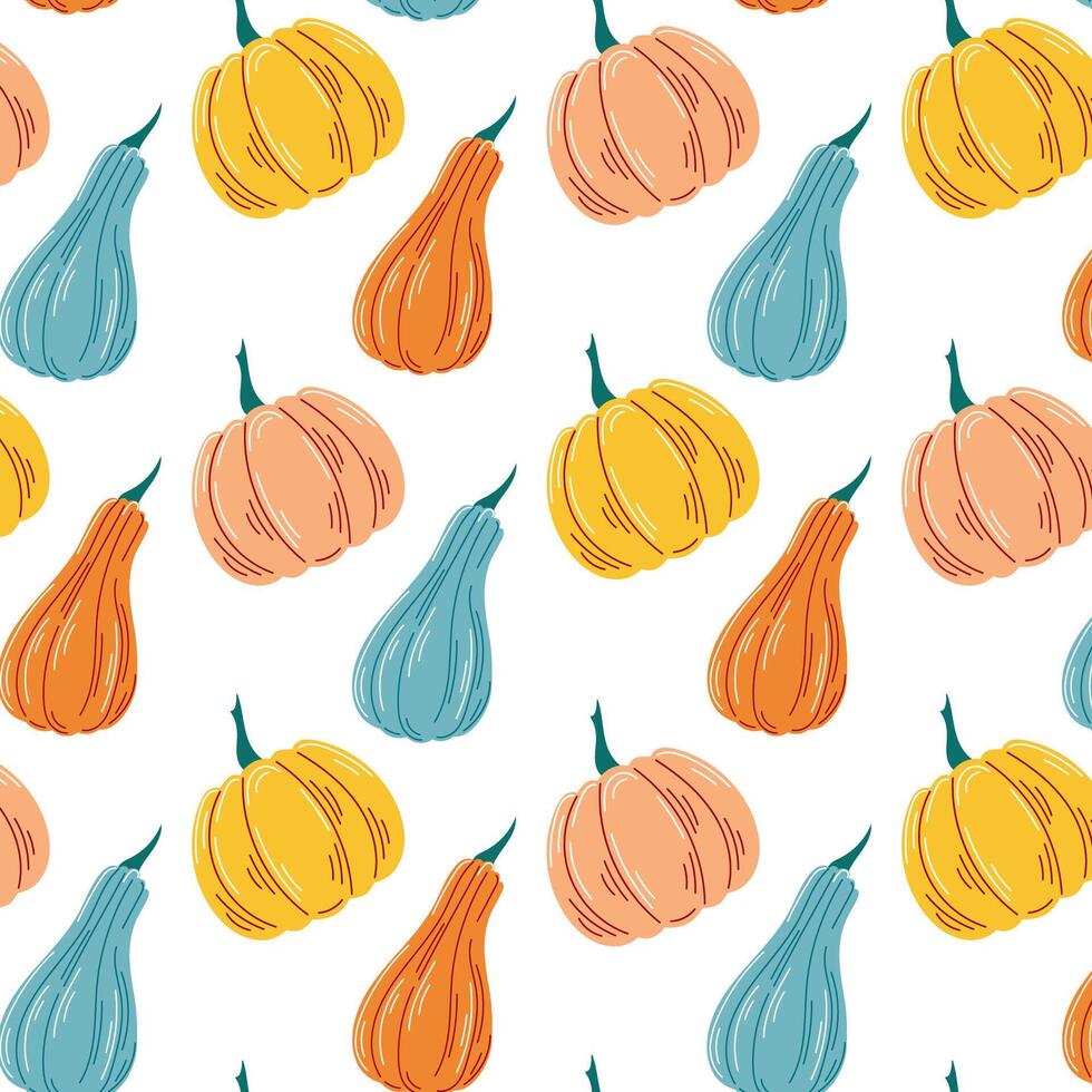 Ripe pumpkin seamless pattern in flat style. Autumn vegetable design for Halloween, food store. illustration on a white background. vector