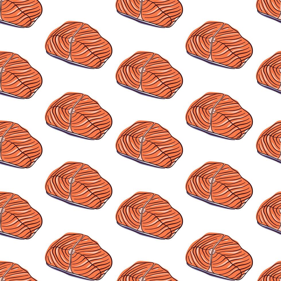 Salmon steak seamless pattern in flat style. Abstract salmon meat design for Japanese seafood restaurant, menu, packaging. illustration on a white background. vector