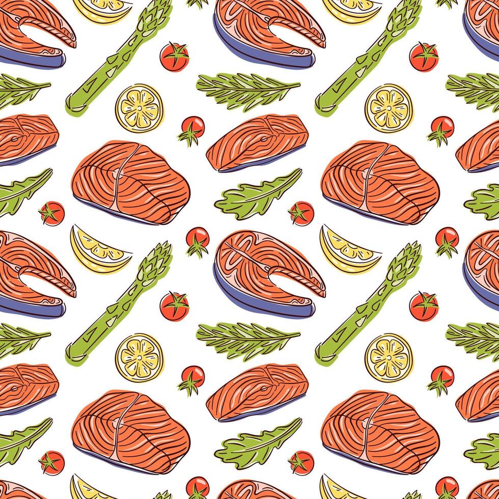 Seamless pattern with Salmon steak and ingredients in flat style. Tomato, slices of lemon, rosemary, arugula, asparagus. Red fish and vegetables design for menu, wallpaper, textile, wrapping. vector