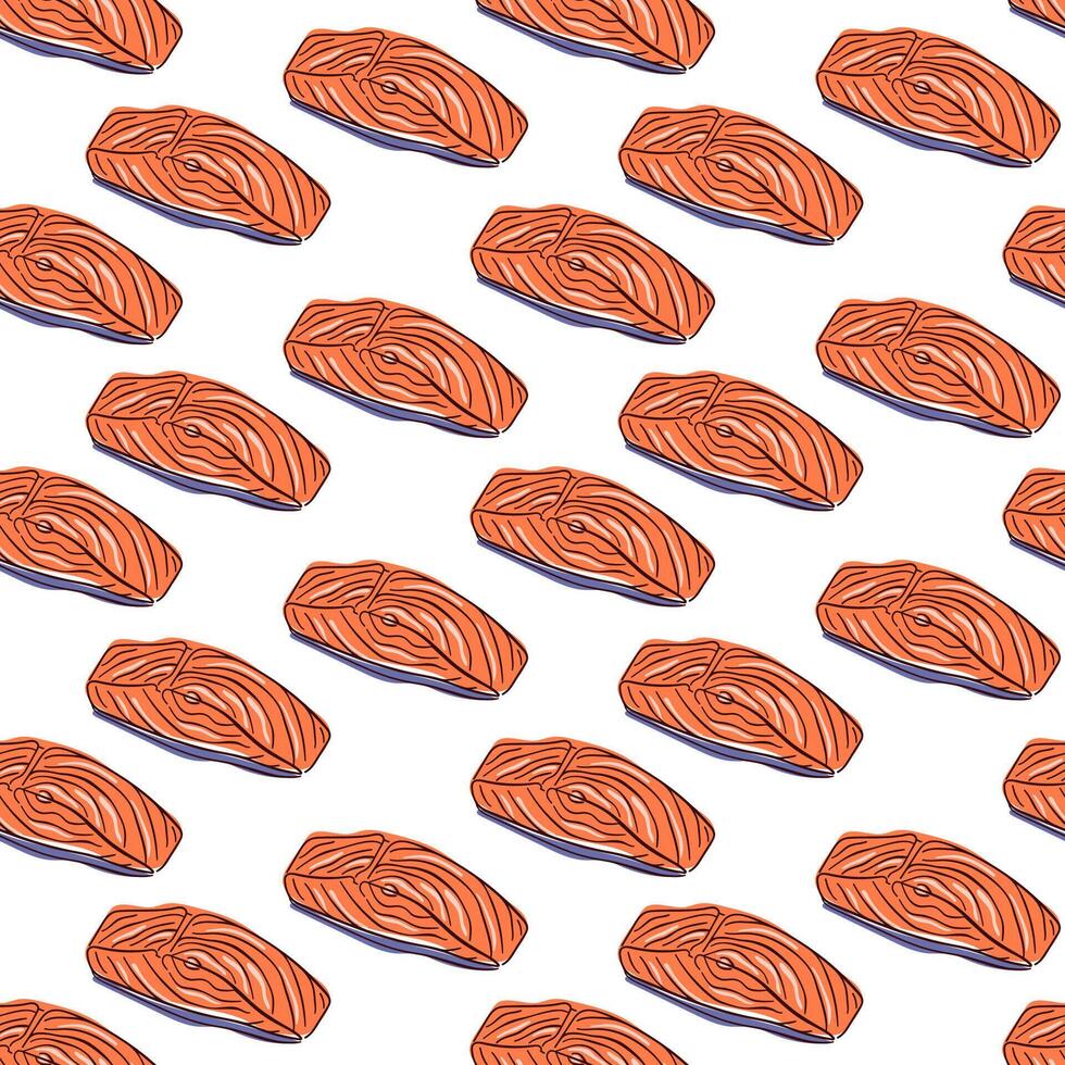 Seamless Salmon pattern in flat style. Piece of red fish. Food design for wallpaper, textile, wrapping, menu. illustration on a white background. vector