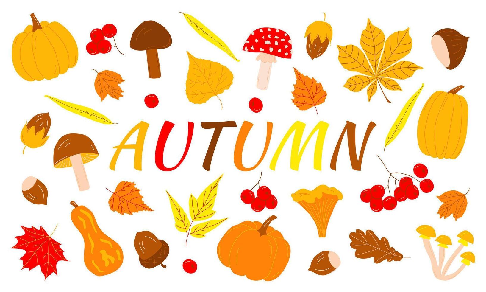 Bright Collection of Autumn Season Elements, Pumpkins, Leaves, Mushrooms vector