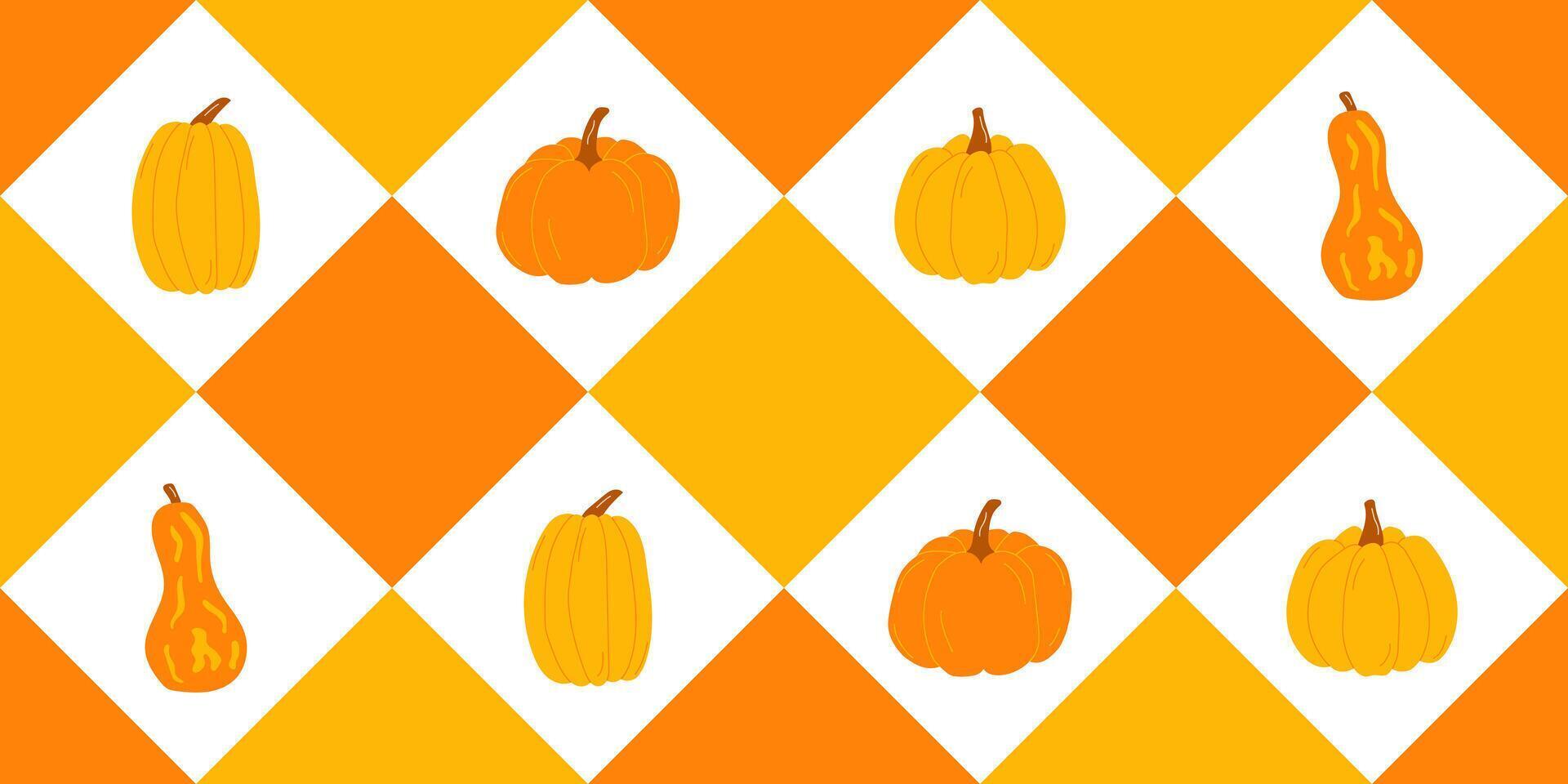 Seamless Pattern with Yellow and Orange Rhombuses and Different Pumpkins, for Textile, Fabric, Wrapping Paper vector