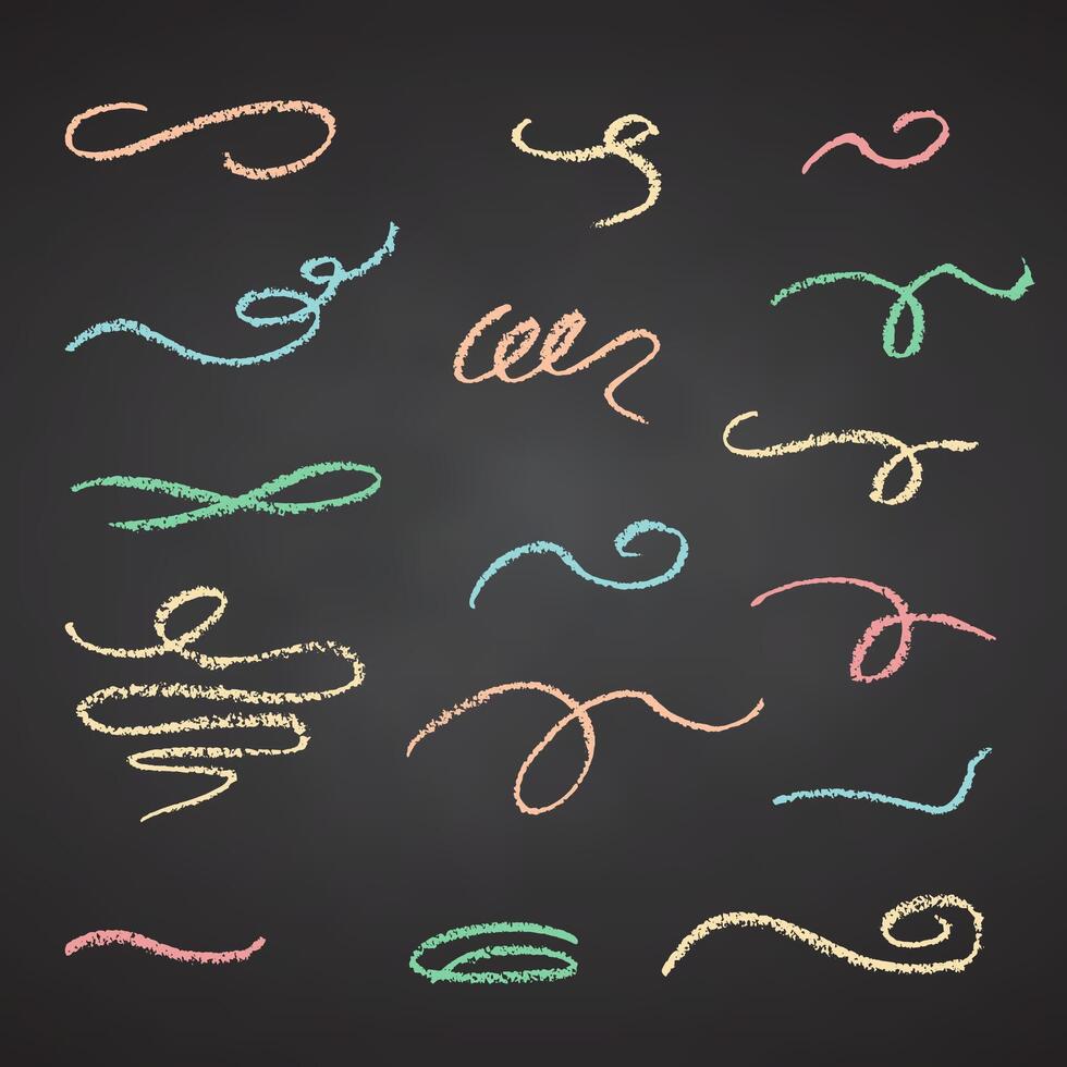Charcoal pencil hand drawing curly lines. Swishes, swashes, swoops, swooshes, scribbles and squiggles Color chalk elements on Black chalkboard Grunge crayon doodles texture stroke illustration vector