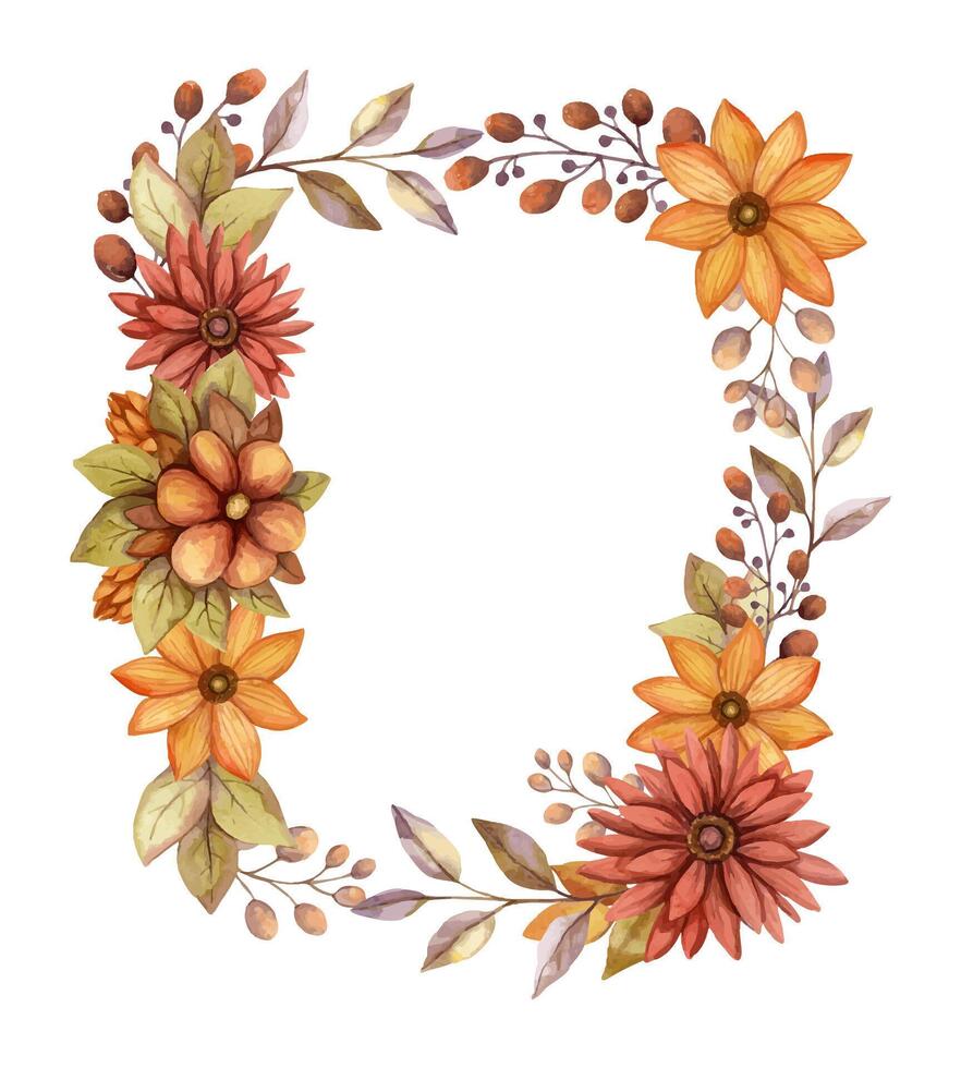 Rectangular wreath fall flower with watercolor Aster and branch of berries. Hand drawn red and orange floral frame in rustic style. Perfect for autumn botanical invitation and card designs. vector