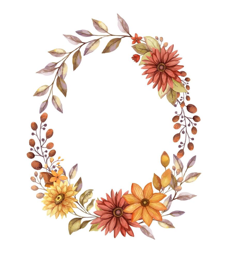 Oval wreath fall flower with watercolor Aster and branch of berries. Hand drawn red and orange blooming floral frame in rustic style. Perfect for autumn botanical invitation and card designs. vector