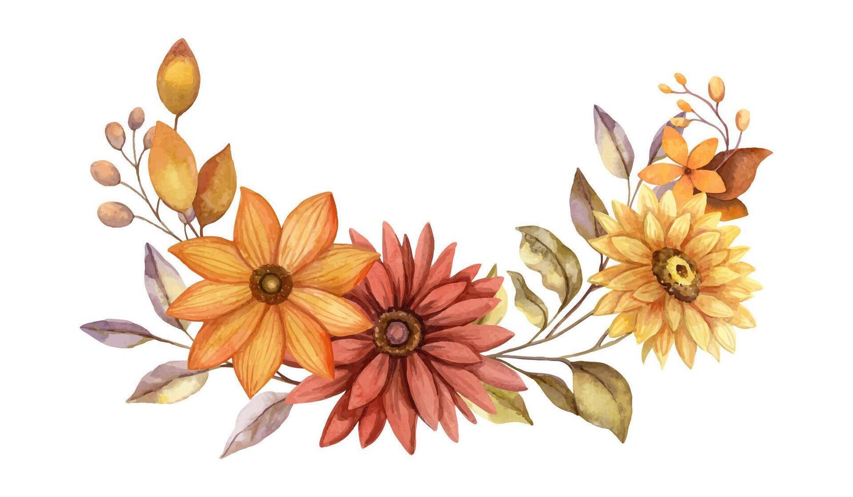 Fall flower watercolor half-round arrangement with Aster and Sunflower. Hand drawn floral bouquet with blooming in muted colors. Perfect for autumn botanical invitation and card designs. vector