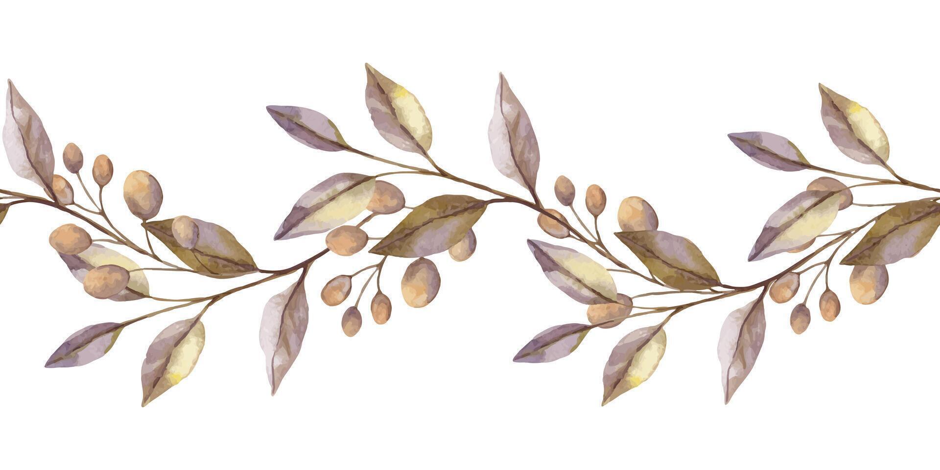 Autumn floral seamless border with watercolor texture leaves and branch of berries. Hand drawn flower curved garland in rustic style. Perfect for fall botanical invitation and card designs. vector