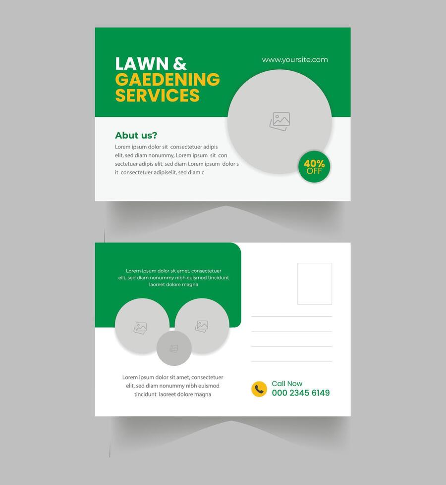 Lawn Mower Garden Service Postcard Design, vector