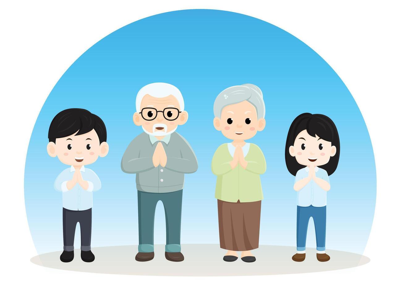 grandparents, boys and girls in a prayerful pose character cartoon illustration design vector