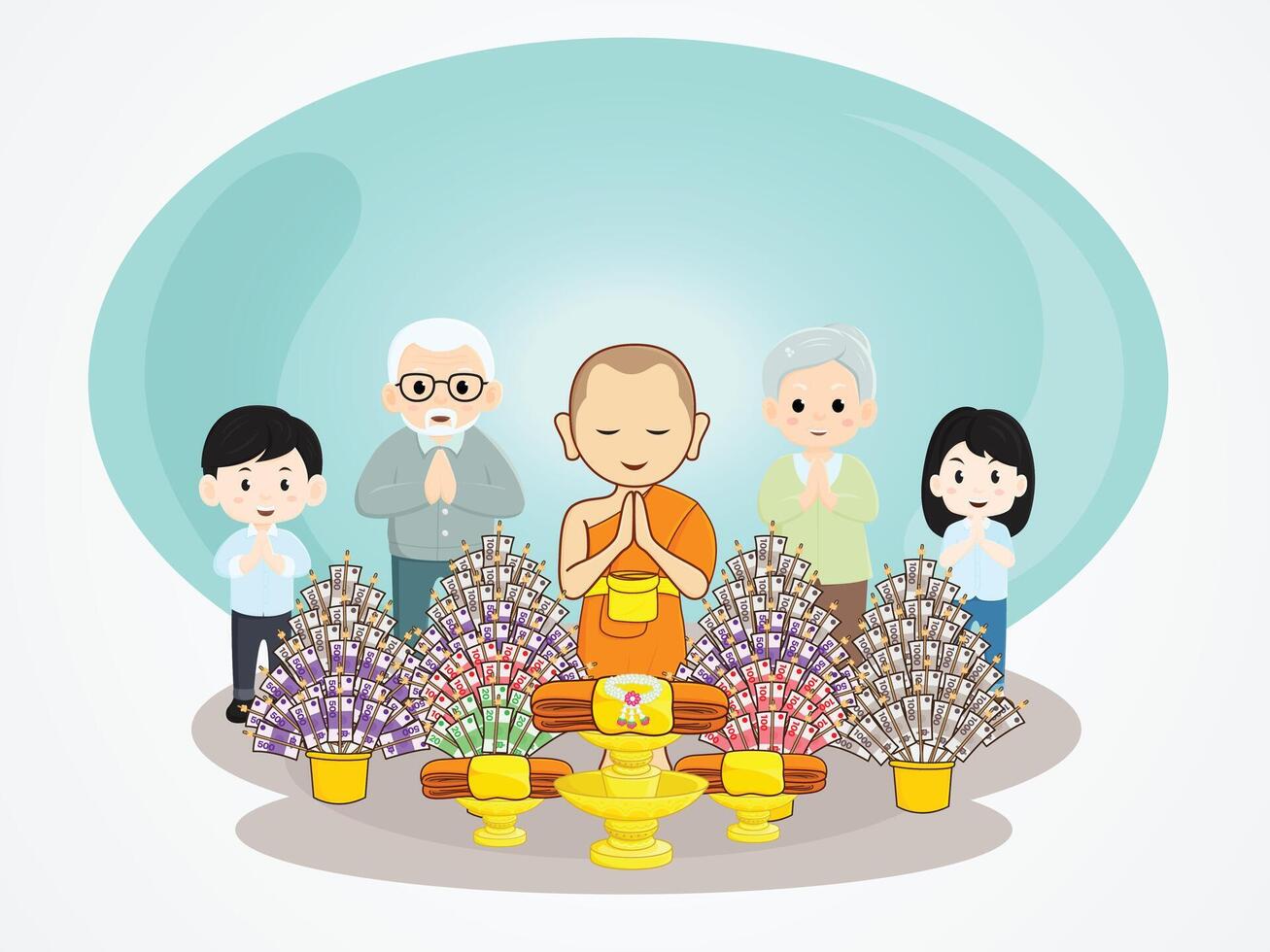 Monks, grandparents, boys and girls in a prayerful pose at the Kathin Samakhi ceremony in Thailand. vector