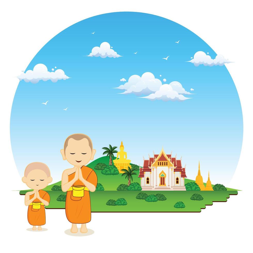 Monks and novices in a praying pose. thai culture view sky background border illustration design vector