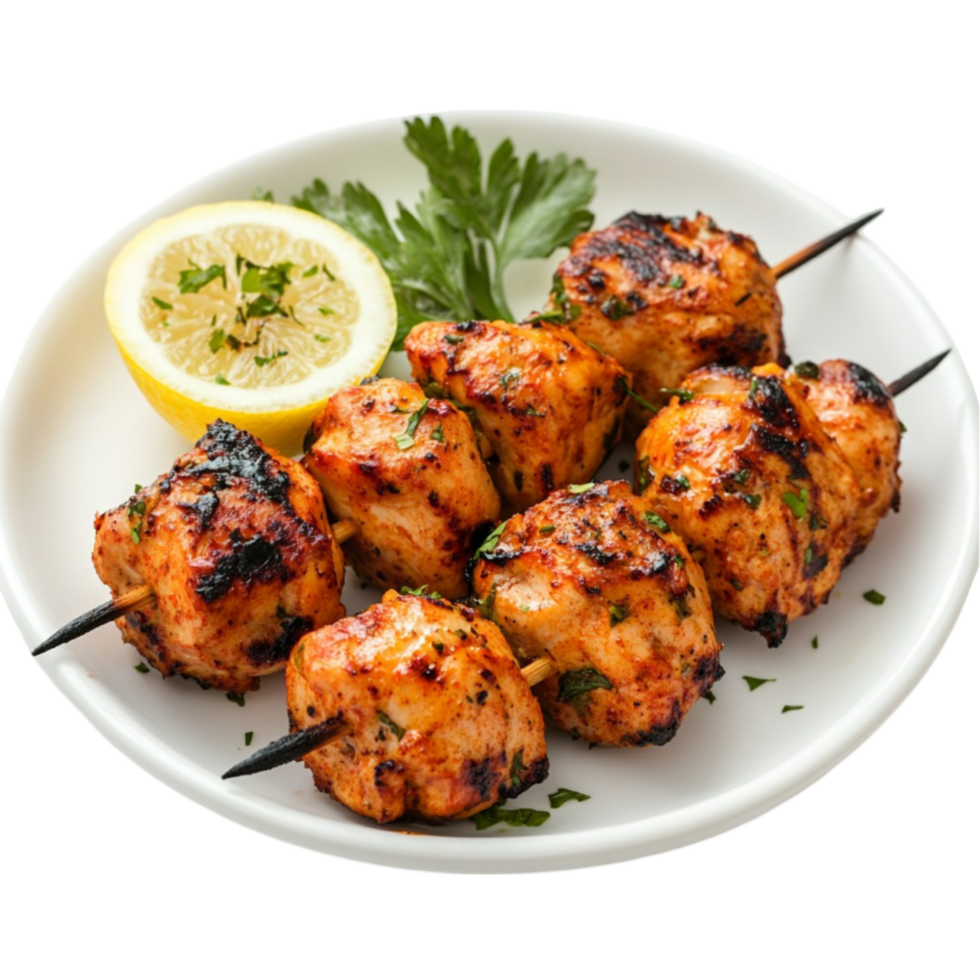 chicken kebabs on skewers with lemon on a white plate png