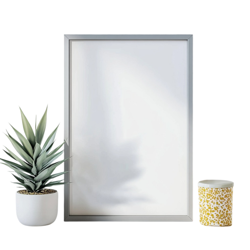 blank frame mockup with plant and vase png