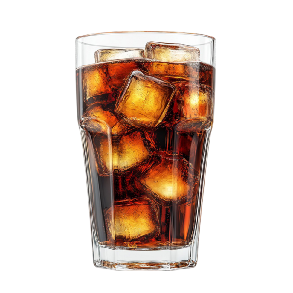 glass of cola with ice cubes png